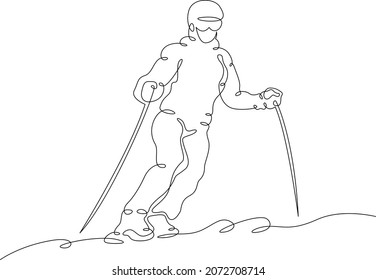 Alpine skier rides along a snowy slope. The athlete goes downhill skiing. Winter sports. Alpine skier.One continuous line .One continuous drawing line logo isolated minimal illustration.