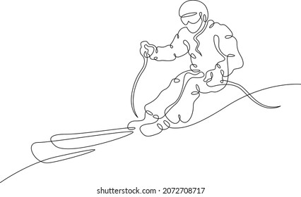 Un esquiador alpino recorre una pista de nieve. El atleta va a esquiar cuesta abajo. Deportes de invierno. Esquiador alpino.Una línea continua .Un logotipo de línea de dibujo continua aisló una ilustración mínima.