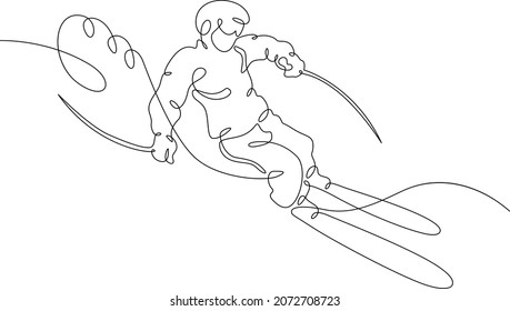 Alpine skier rides along a snowy slope. The athlete goes downhill skiing. Winter sports. Alpine skier.One continuous line .One continuous drawing line logo isolated minimal illustration.