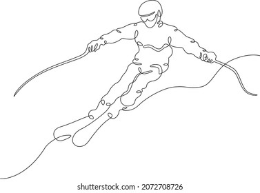 Alpine Skier Rides Along A Snowy Slope. The Athlete Goes Downhill Skiing. Winter Sports. Alpine Skier.One Continuous Line .One Continuous Drawing Line Logo Isolated Minimal Illustration.