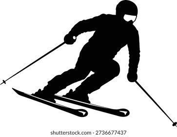 Alpine skier silhouette carving fast downhill turn with ski poles illustration