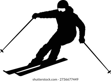 Alpine skier silhouette carving turn with ski poles on snowy slope illustration