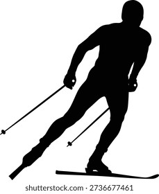 Alpine skier silhouette carving turn downhill with ski poles illustration
