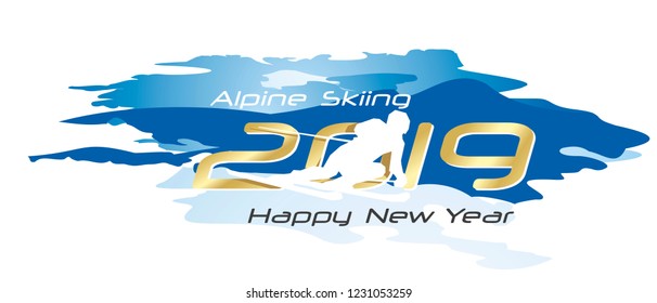 Alpine Skiing 2019 Happy New Year gold logo icon watercolor blue white background