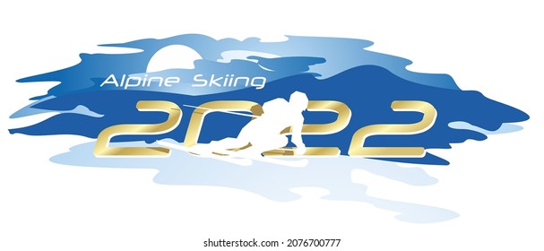 Alpine Skiing 2022 Happy New Year gold logo icon watercolor blue white background