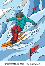 Alpine Skiing Colored Cartoon Illustration