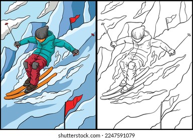 Alpine Skiing Coloring Page Colored Illustration