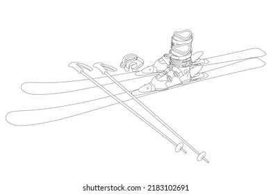 Alpine skiing contour with boots and ski poles from black lines isolated on white background. Perspective view. Vector illustration.