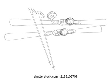Alpine skiing contour with boots and ski poles from black lines isolated on white background. View from above. Vector illustration.