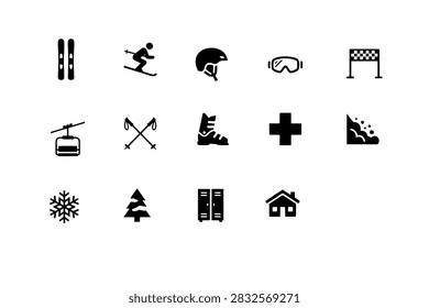 Alpine skiing icon set including skis, downhill skier, helmet, goggles, finish gate, ski lift, avalanche, and winter mountain cabin.