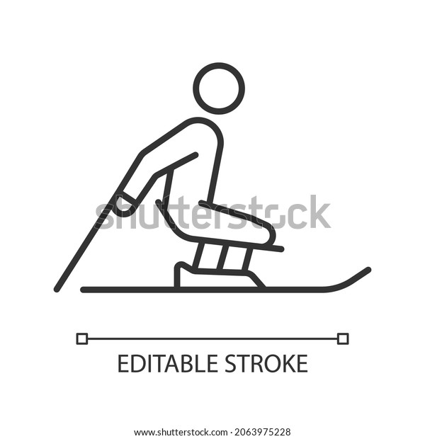 Alpine skiing linear icon. Winter season extreme\
sport. Adaptive skiing. Disabled sportsman. Thin line customizable\
illustration. Contour symbol. Vector isolated outline drawing.\
Editable stroke