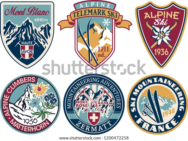 Alpine skiing and\
mountaineering patches collection vintage vector artworks of alps\
applique badges