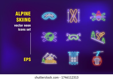 Señales de neón para el esquí alpino. Esquiador en pendiente, casco de protección, estación de montaña, deportes de invierno. Publicidad nocturna brillante. Ilustración vectorial en estilo neón para carteles, afiches, diseño de volantes