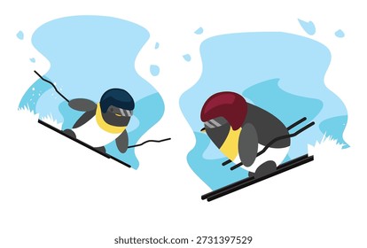 Alpine Skiing Pinguim Side Cartoon Character Winter Sport Set