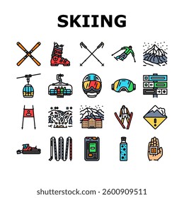 alpine skiing snow slalom icons set vector. downhill freestyle, moguls, carving, powder, chairlift, avalanche, piste, terrain alpine skiing snow slalom color line illustrations