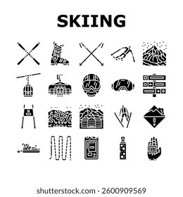 alpine skiing snow slalom icons set vector. downhill freestyle, moguls, carving, powder, chairlift, avalanche, piste, terrain alpine skiing snow slalom glyph pictogram Illustrations