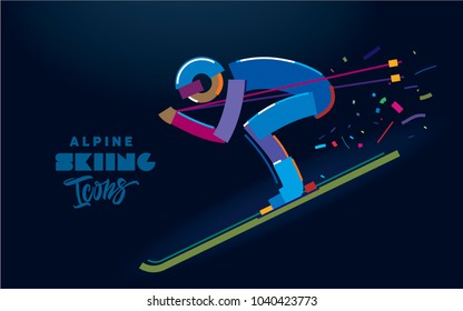 Alpine skiing. Stylized skier speeds down the mountains. Vector color line icons