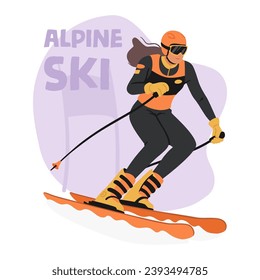 Alpine Skiing Thrilling Winter Sport. Athlete Female Character Zooming Down Snowy Slopes, Carve Through The Mountains, Navigating Twists And Turns, Embracing The Icy Rush With Skill And Speed