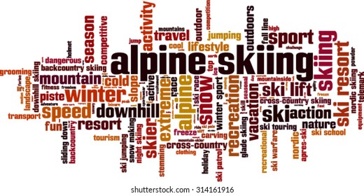 Alpine skiing word cloud concept. Vector illustration