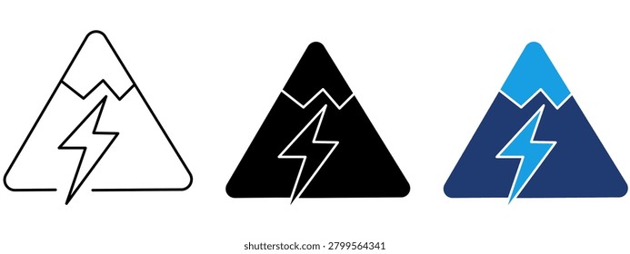 Alpine Thunderstorm and Natural Hazard icon collection. Featuring Lightning strike, Mountain peak, and Severe weather icons.
