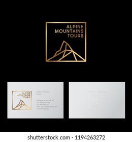Alpine Tours Company logo. Mountain Travel Agency emblem. Mountain peaks and letters. Emblem for alpinism, climbing and mining equipment. 