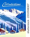 Alpine village with forest and mountains in the background. Handmade drawing vector illustration. Can be used as poster, banner etc.