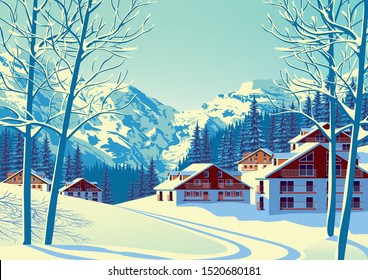 Alpine village with forest and mountains in the background. Handmade drawing vector illustration. Flat design poster.