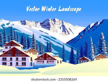 Alpine village with forest and mountains in the background. Handmade drawing vector illustration. Can be used as poster, banner etc.