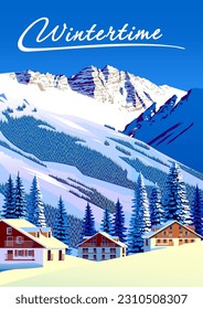 Alpine village with forest and mountains in the background. Handmade drawing vector illustration. Can be used as poster, banner etc.