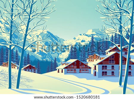 Alpine village with forest and mountains in the background. Handmade drawing vector illustration. Flat design poster.