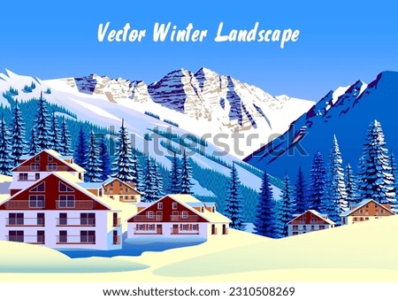 Alpine village with forest and mountains in the background. Handmade drawing vector illustration. Can be used as poster, banner etc.