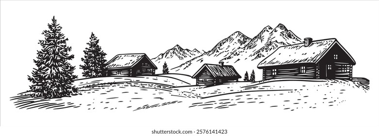 alpine village with wooden cabins and mountain peaks in black and white hand-drawn style