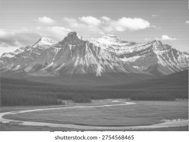 alpine wilderness halftone mountain lake reflection dotted landscape monochrome scenic water peak retro terrain tranquil majestic nature outdoor