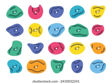 Alpinism climbing wall hooks. Сlimbing grips, multicolored holds for rock climbing walls, alpinism training crimps flat vector illustration set. Plastic grippers for climbing