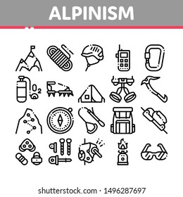 Alpinism Collection Elements Vector Icons Set Thin Line. Compass And Glasses, Mountain Direction And Burner Mountaineering Alpinism Equipment Concept Linear Pictograms. Black Contour Illustrations