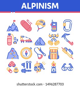 Alpinism Collection Elements Vector Icons Set Thin Line. Compass And Glasses, Mountain Direction And Burner Mountaineering Alpinism Equipment Concept Linear Pictograms. Color Contour Illustrations