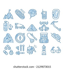 Alpinism Elements sketch icon vector. Hand drawn blue doodle line art Compass And Glasses, Mountain Direction And Burner Mountaineering Alpinism Equipment Illustrations