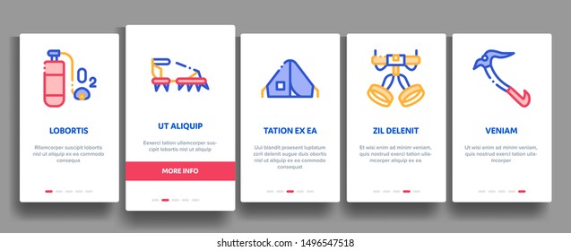 Alpinism Elements Vector Onboarding Mobile App Page Screen. Contour Illustrations
