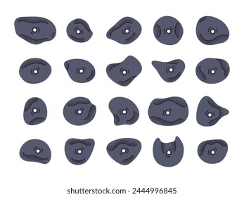 Alpinism hooks. Holds for rock climbing walls, climbing wall training crimps and fasteners flat vector illustration set. Alpinism climbing grips collection