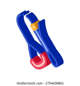 Dispositivo metálico de alpinismo con señal isométrica del vector de mango. ilustración de símbolo aislado de color