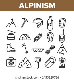Alpinism And Mountaineering Equipment Vector Linear Icons Set. Alpinism Extreme Hobby Outline Symbols Pack. Mountain Climbing, Hiking Instruments And Tools Isolated Contour Illustrations