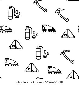 Alpinism Seamless Pattern Vector Linear Pictograms. Black Contour Illustrations