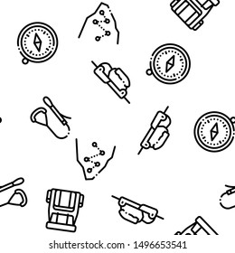 Alpinism Seamless Pattern Vector Linear Pictograms. Black Contour Illustrations