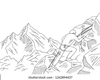 Alpinist climbing a cliff mountain graphic black white landscape sketch illustration vector