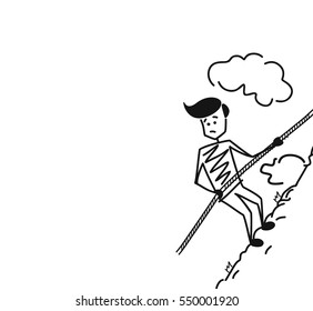 Alpinist climbing up high mountain with special cable rope alone. Hand Drawn Skech Vector illustration.