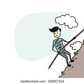 Alpinist climbing up high mountain with special cable rope alone. Hand Drawn Sketch Vector illustration.