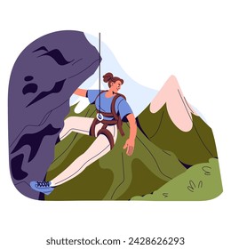 Alpinist climbing on rock, top of mountain. Climber hanging on belaying rope. Girl scrambling on cliff. Mountaineering sport, alpinism. Extreme activity. Flat isolated vector illustration on white