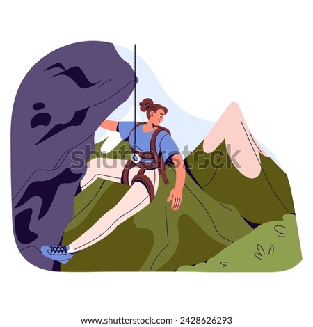 Alpinist climbing on rock, top of mountain. Climber hanging on belaying rope. Girl scrambling on cliff. Mountaineering sport, alpinism. Extreme activity. Flat isolated vector illustration on white