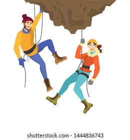 Alpinist Couple Climb The Mountain. Extreme Sport And High Effort. Alpinism And Climber Concept. Isolated Vector Illustration In Cartoon Style