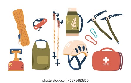 Alpinist Equipment Comprises Ice Axes, Harnesses, And Ropes, Vacuum Flask, Carabiners, First Aid Kit And Bag